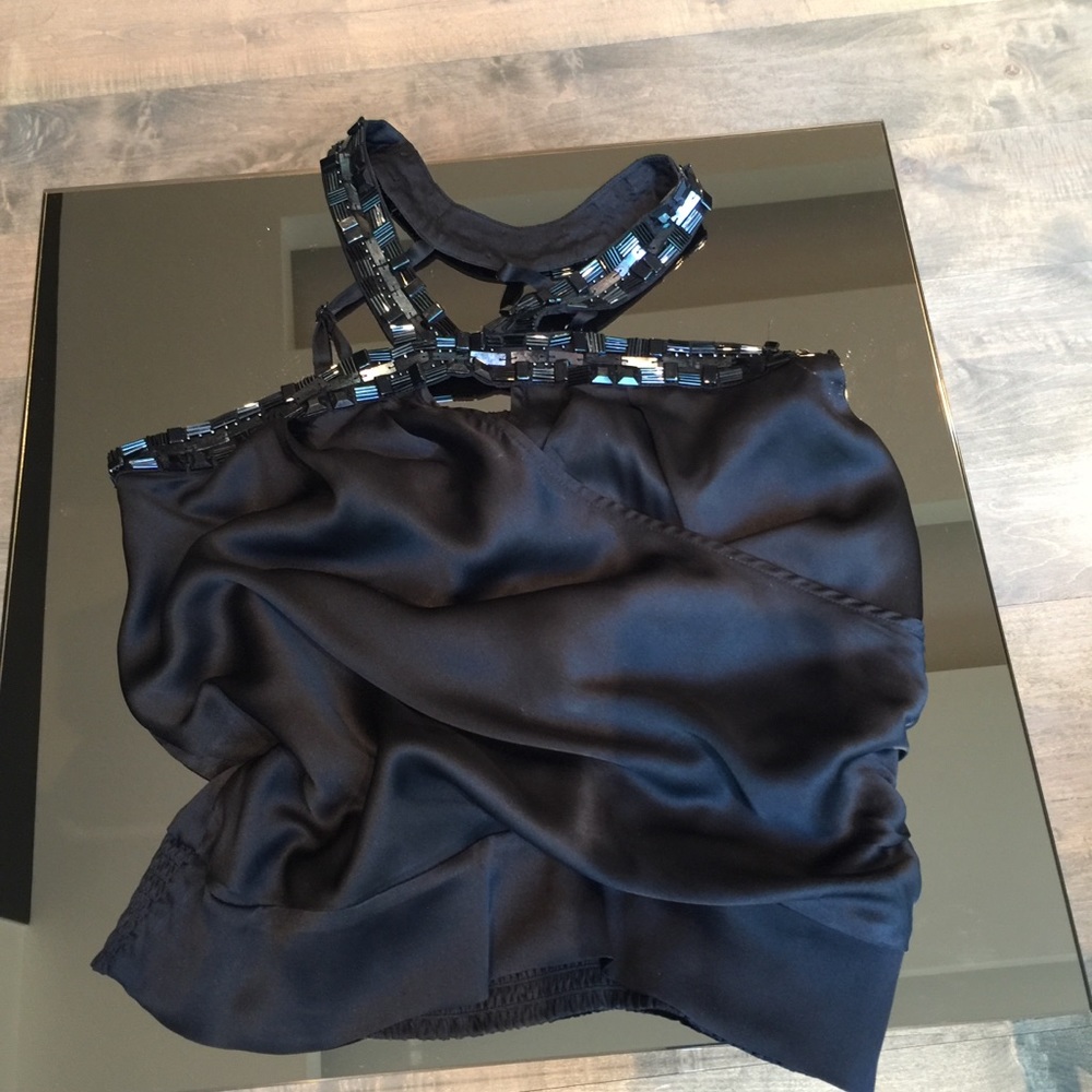 Bebe black silk top embellished neck, XXS